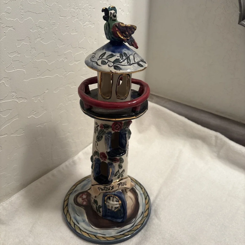 Blue Sky Clayworks Polly's Place Lighthouse Ceramic Tea light Heather Goldminc